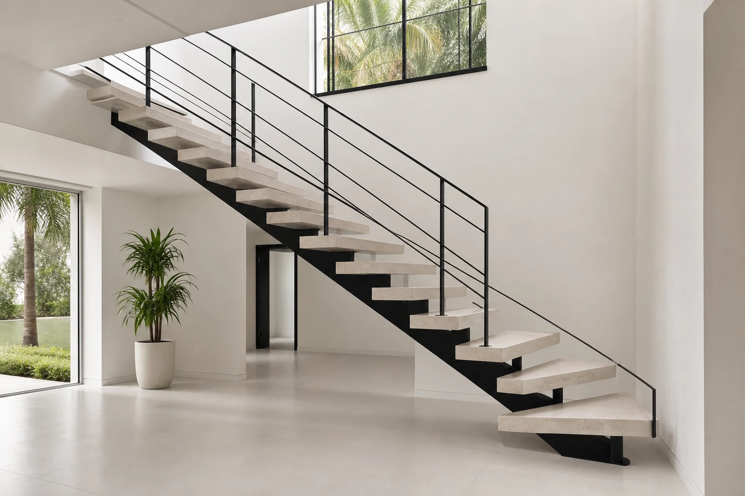 Escada contemporânea com estrutura metálica preta e degraus claros