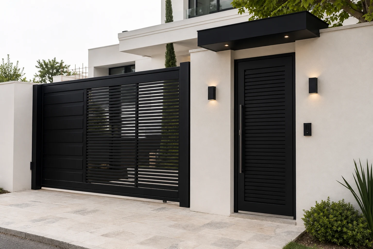 Fachada branca com portão e porta metálicos pretos