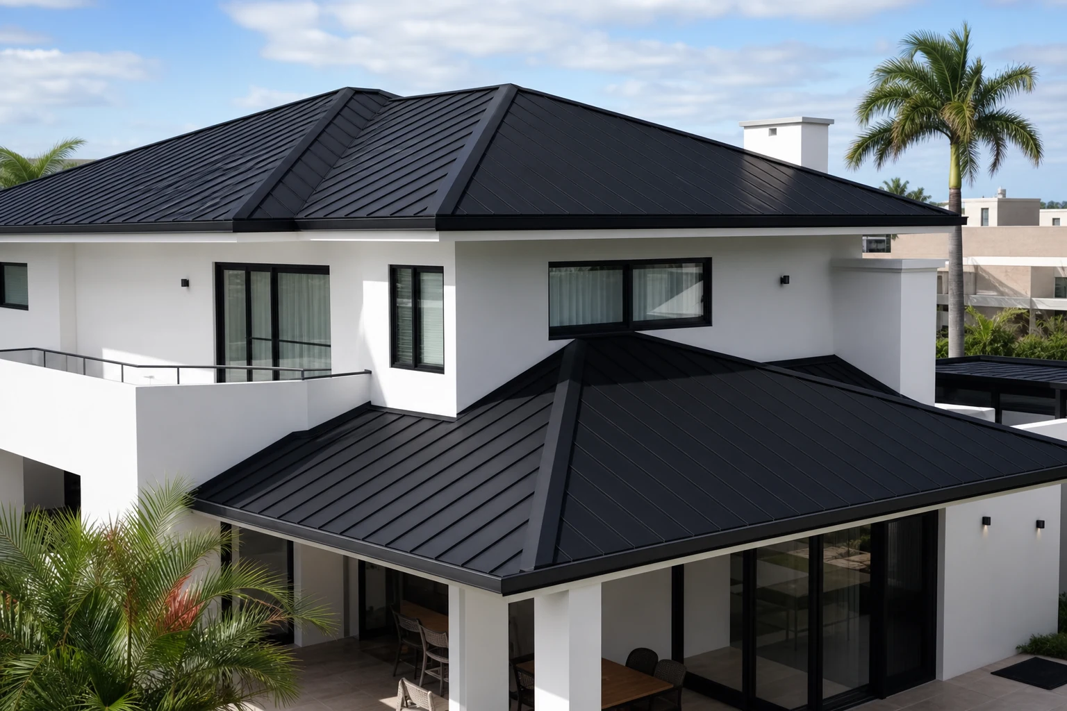Residência branca com telhado metálico preto